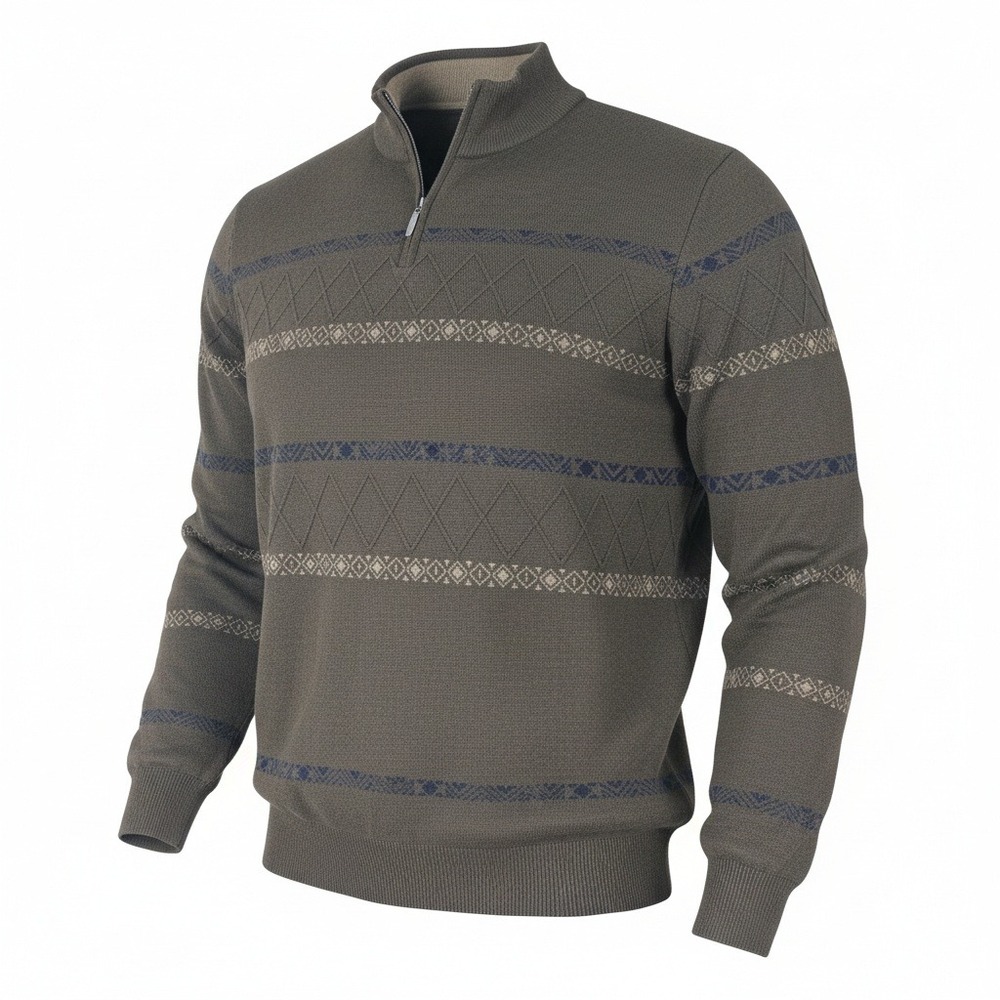 VTG Mens Sweater Large Brown Quarter Zip Geometric Pattern Knit Marino Wool 80's